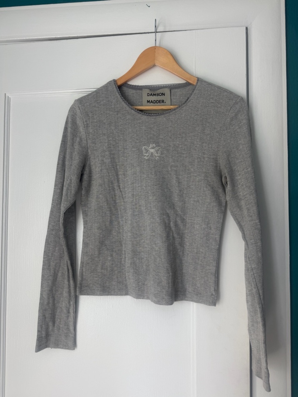 Damson Madder Gray Pointelle Long-Sleeve Tee with Bow Detail